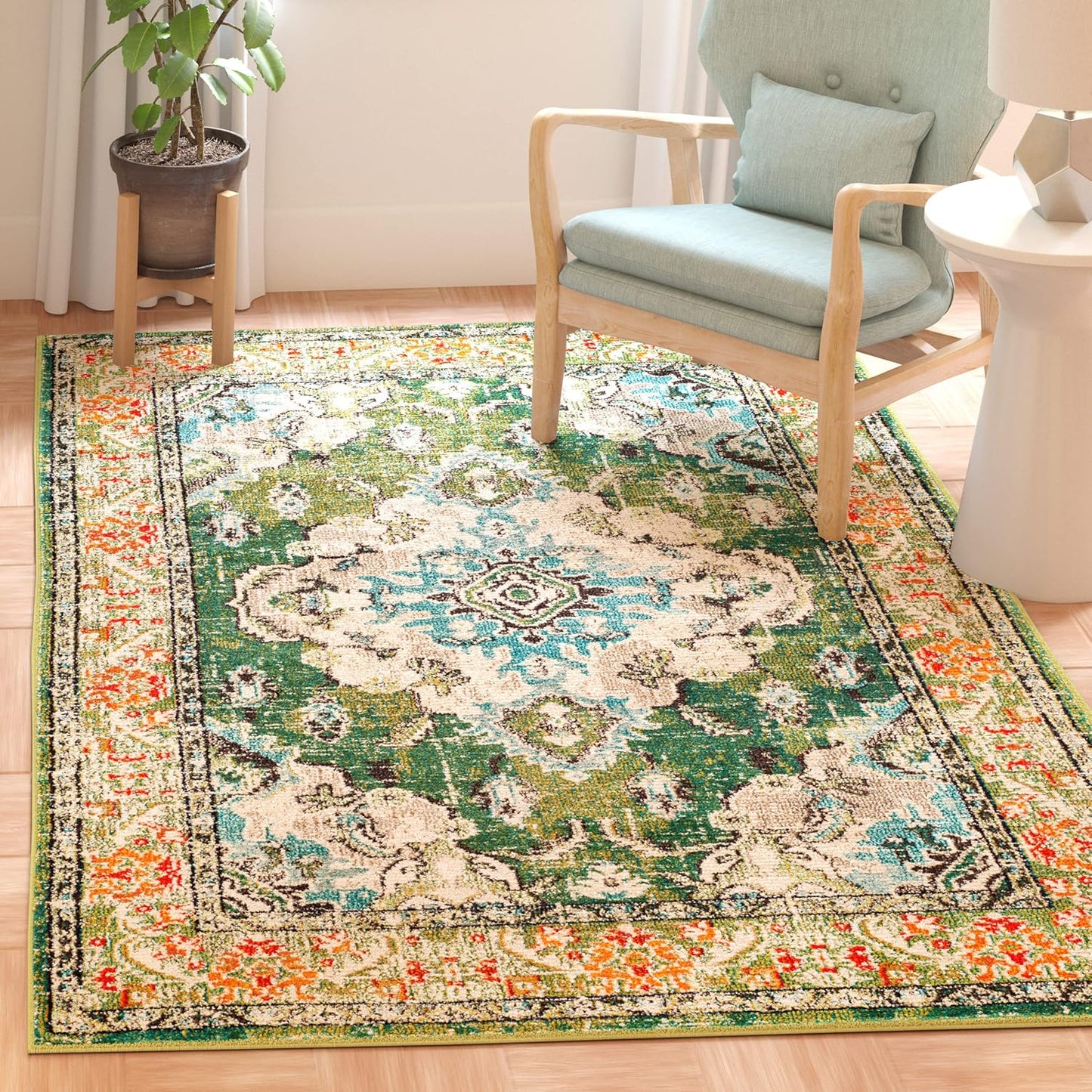 SAFAVIEH Monaco Collection Accent Rug - 3' x 5', Forest Green & Light Blue, Distressed Design, Non-Shedding & Easy Care, Ideal for High Traffic Areas in Entryway, Living Room, Bedroom (MNC243F)