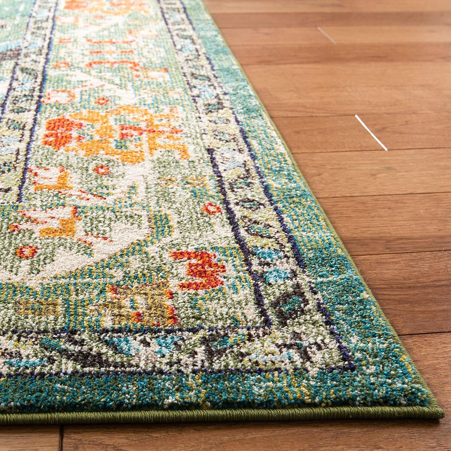 SAFAVIEH Monaco Collection Area Rug - 8' Square, Forest Green & Light Blue, Medallion Distressed Design, Non-Shedding & Easy Care, Ideal for High Traffic Areas in Living Room, Bedroom (MNC243F)