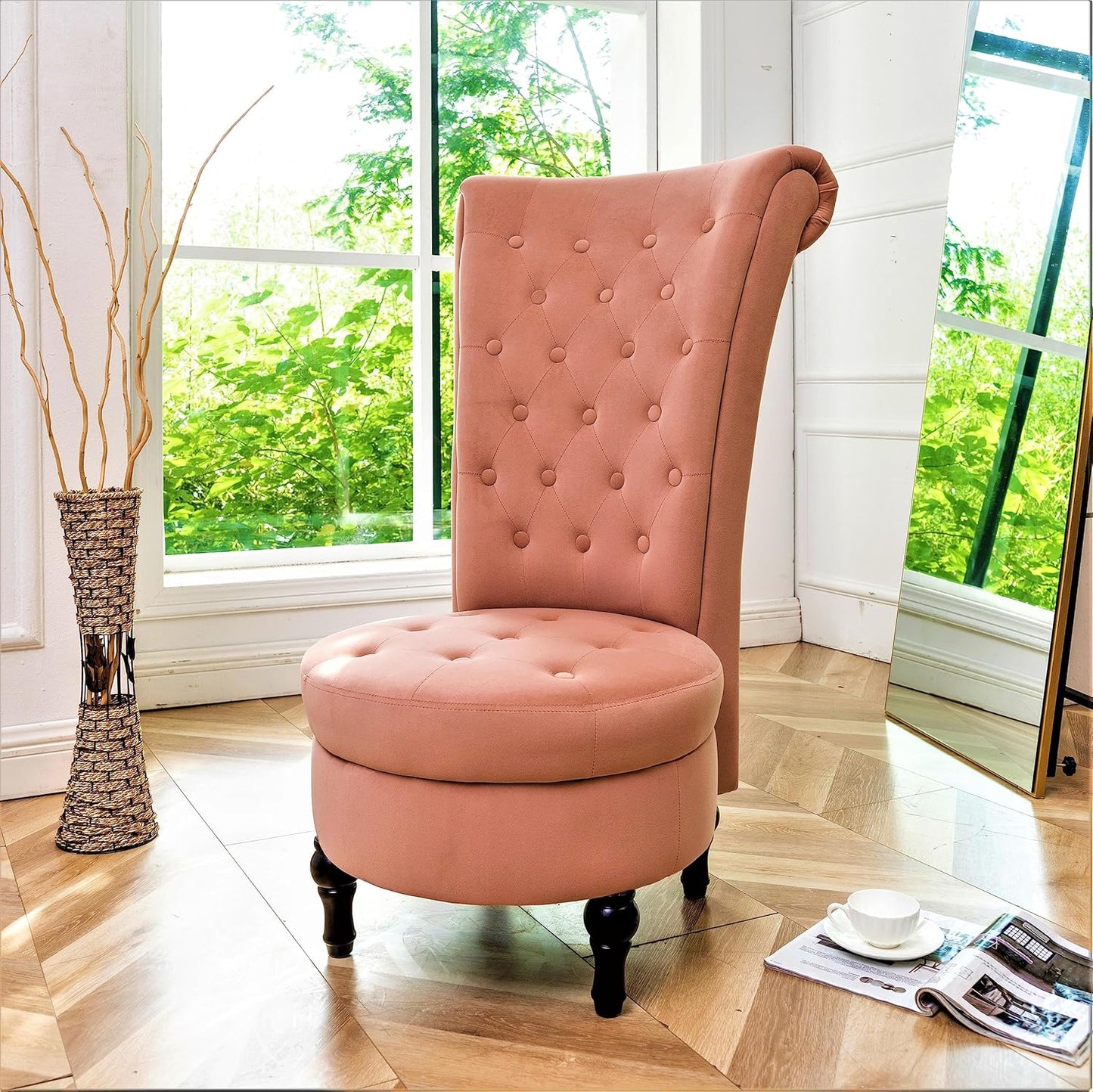 Container Furniture Direct Royal High-Back Velvet Accent Chair for Vanity with Storage and Luxurious Upholstery, Retro Design and Versatile Usage for Living Room, Bedroom, Lounge and Office, Rose