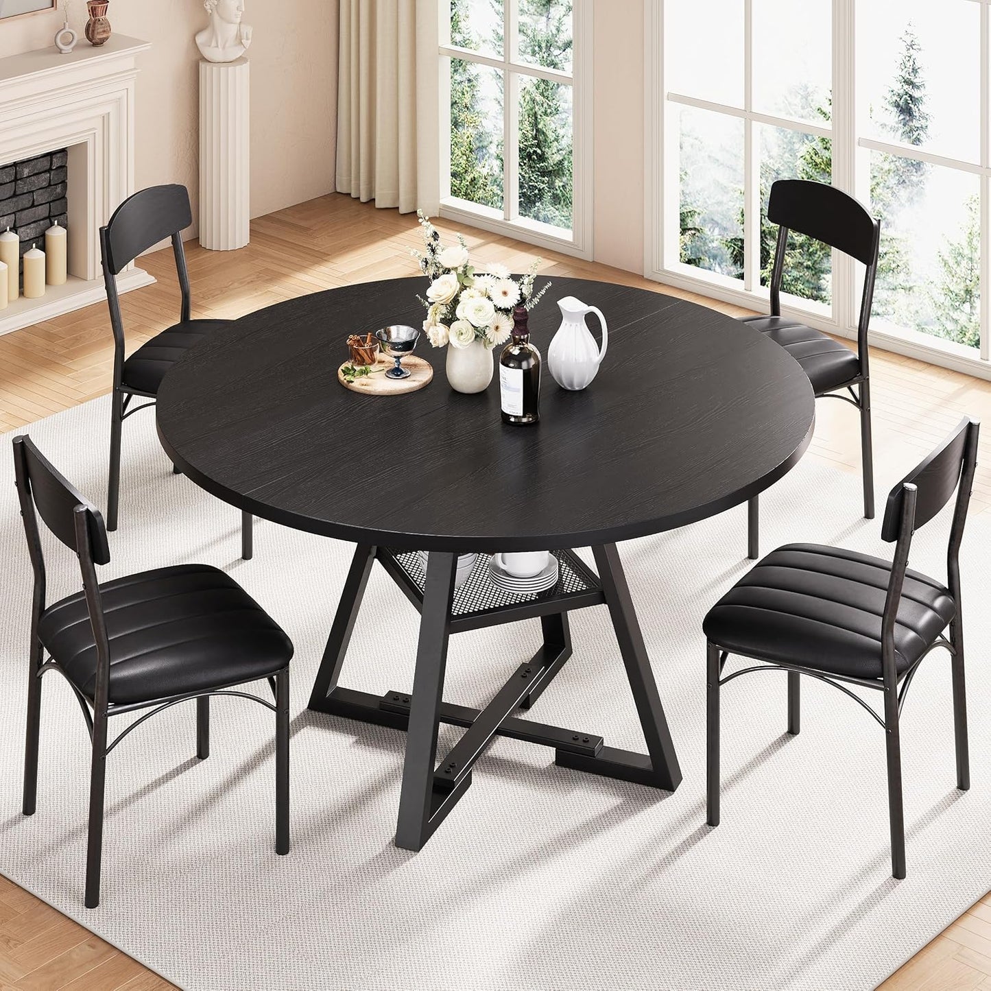 Round Dining Table Set for 4, Kitchen Table and Chairs for 4, Circle Table Round Pedestal Dining Room Dinner Dinette Table Set,5 Piece Space Saving Wood Kitchen & Dining Room Tables (Black, 47In)