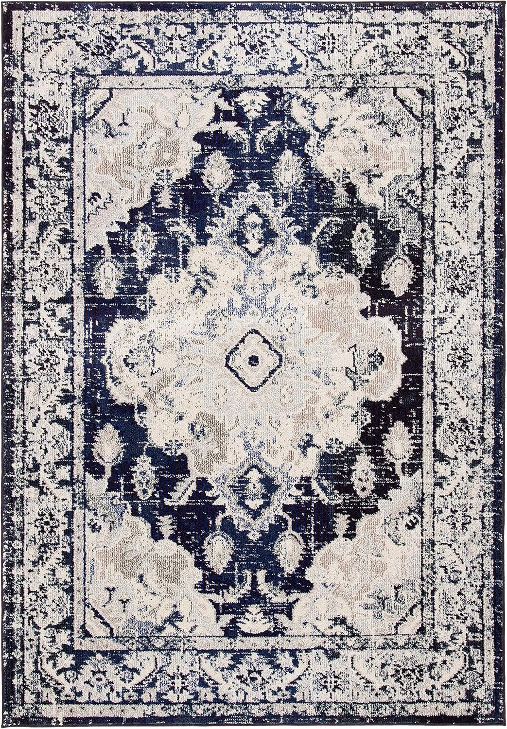 SAFAVIEH Monaco Collection 6'7" x 9'2" IvoryNavy MNC243C Boho Chic Medallion Distressed Non-Shedding Living Room Dining Bedroom Area Rug