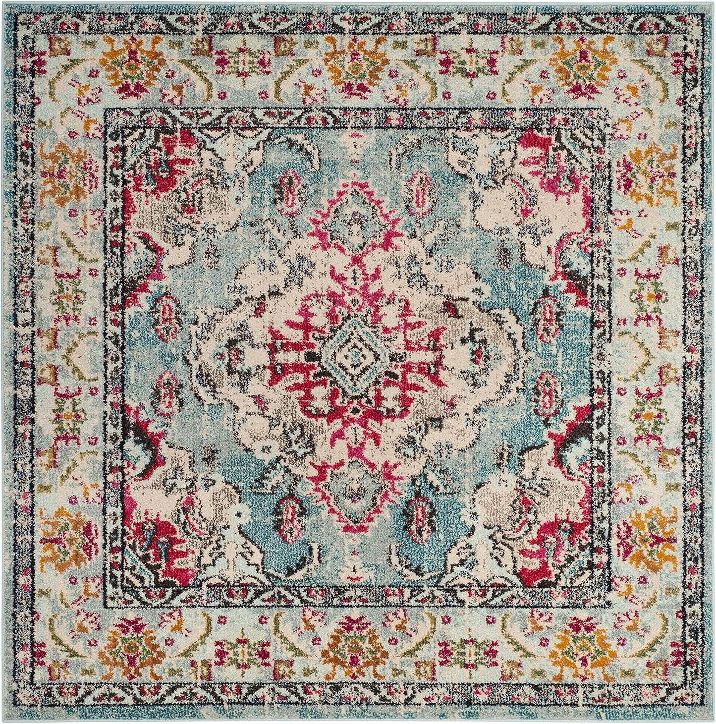 SAFAVIEH Monaco Collection Area Rug - 3' Square, Light Blue & Fuchsia, Boho Chic Medallion Distressed Design, Non-Shedding & Easy Care, Ideal for High Traffic Areas in Living Room, Bedroom (MNC243J)