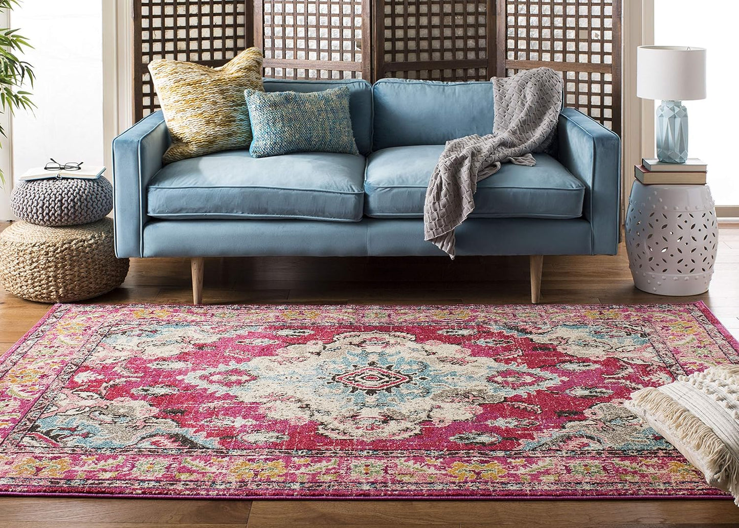 SAFAVIEH Monaco Collection Area Rug - 4' Square, Pink & Multi, Boho Chic Medallion Distressed Design, Non-Shedding & Easy Care, Ideal for High Traffic Areas in Living Room, Bedroom (MNC243D)