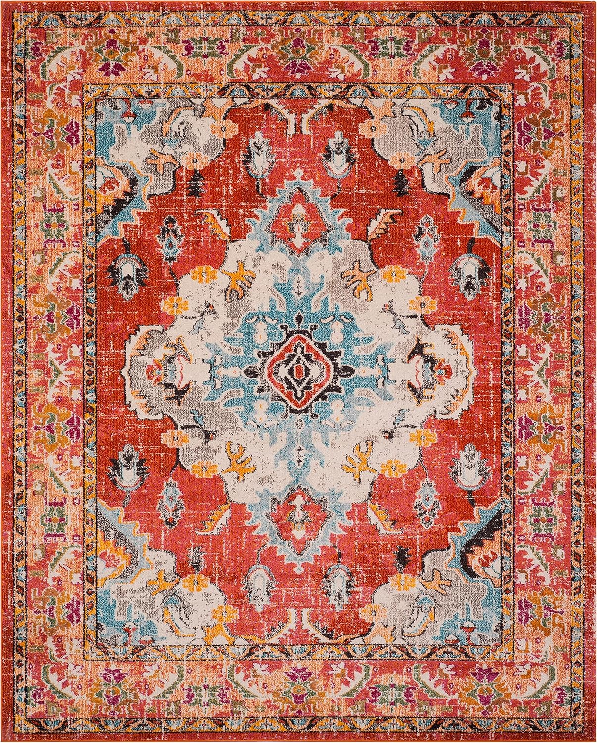 SAFAVIEH Monaco Collection Area Rug - 9' x 12', Orange & Light Blue, Boho Chic Medallion Distressed Design, Non-Shedding & Easy Care, Ideal for High Traffic Areas in Living Room, Bedroom (MNC243H)