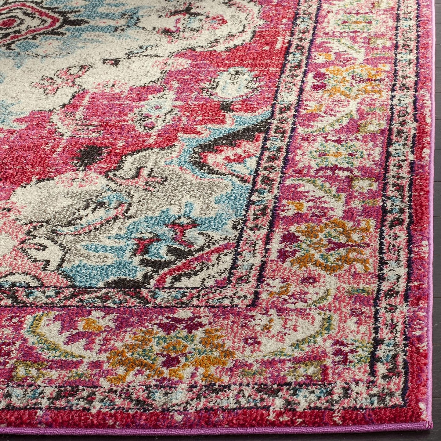 SAFAVIEH Monaco Collection Area Rug - 6'7" x 9'2", Pink & Multi, Boho Chic Medallion Distressed Design, Non-Shedding & Easy Care, Ideal for High Traffic Areas in Living Room, Bedroom (MNC243D)