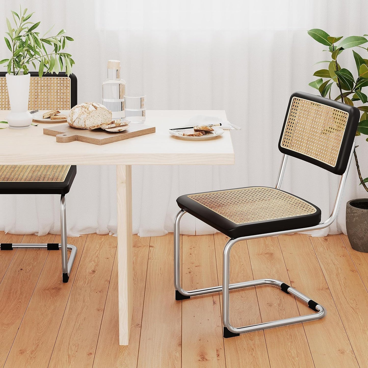 Rattan Dining Chairs Set of 2 Mid Century Modern Dining Room Chairs with Natural Rattan Woven Backrest and Seat Upholstered Kitchen Armless Side Chairs with Metal Legs, Black