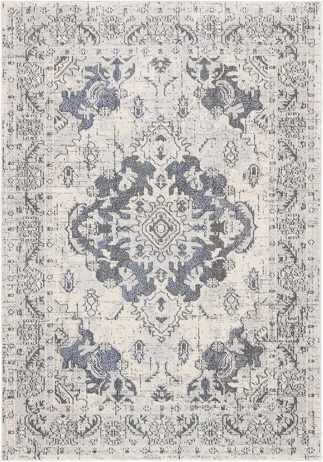 SAFAVIEH Monaco Collection Area Rug - 9' x 12', Ivory & Grey, Boho Chic Medallion Distressed Design, Non-Shedding & Easy Care, Ideal for High Traffic Areas in Living Room, Bedroom (MNC243B)