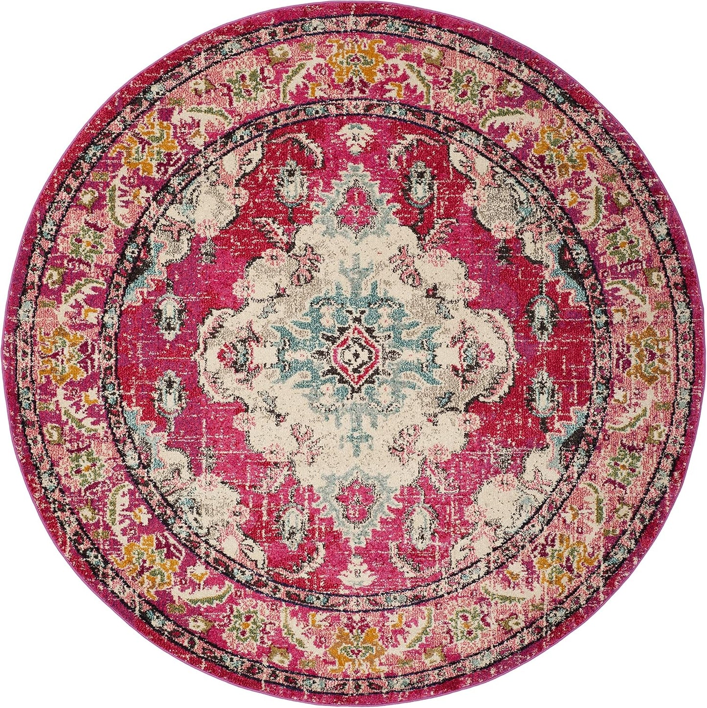 SAFAVIEH Monaco Collection Area Rug - 6'7" Round, Pink & Multi, Boho Chic Medallion Distressed Design, Non-Shedding & Easy Care, Ideal for High Traffic Areas in Living Room, Bedroom (MNC243D)