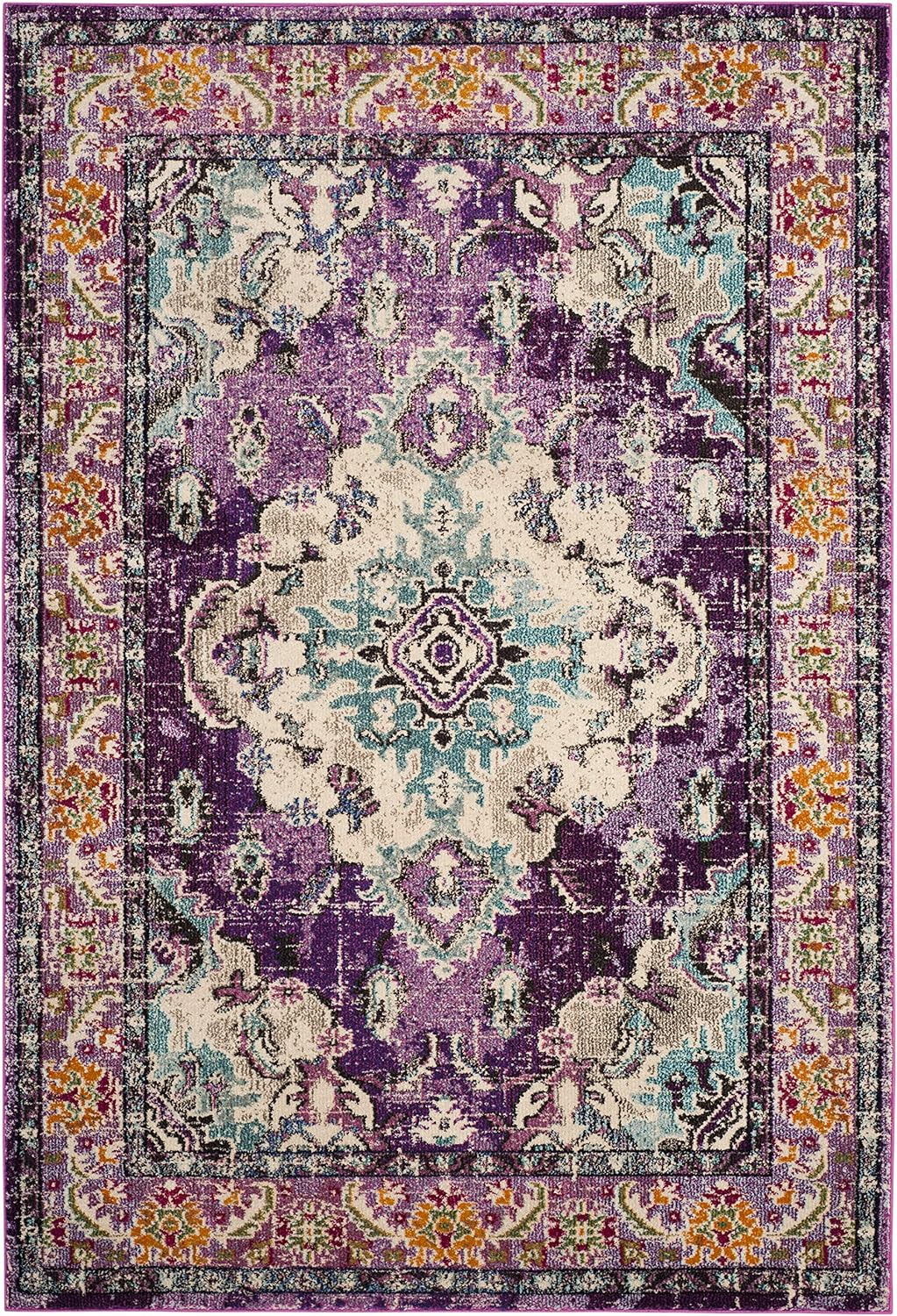 SAFAVIEH Monaco Collection Area Rug - 5'1" x 7'7", Violet & Light Blue, Boho Chic Medallion Distressed Design, Non-Shedding & Easy Care, Ideal for High Traffic Areas in Living Room, Bedroom (MNC243L)