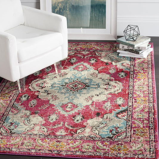 SAFAVIEH Monaco Collection Area Rug - 5'1" x 7'7", Pink & Multi, Boho Chic Medallion Distressed Design, Non-Shedding & Easy Care, Ideal for High Traffic Areas in Living Room, Bedroom (MNC243D)