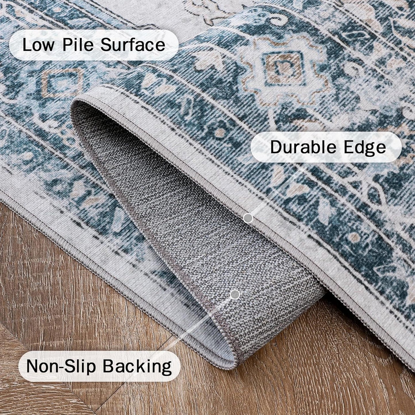 GENIMO 3x5 Area Rugs for Living Room, Machine Washable Rug, Non Slip Vintage Rugs, Low Pile Lightweight Chenille Print Rug for Bedroom, Dining Room, Home Office, Blue
