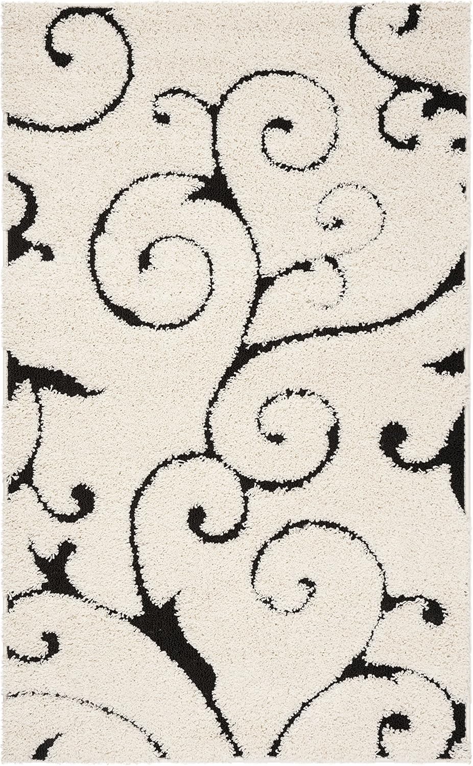 SAFAVIEH Florida Shag Collection Accent Rug - 4' x 6', Ivory & Black, Scroll Design, Non-Shedding & Easy Care, 1.2-inch Thick Ideal for High Traffic Areas in Foyer, Living Room, Bedroom (SG455-1290)