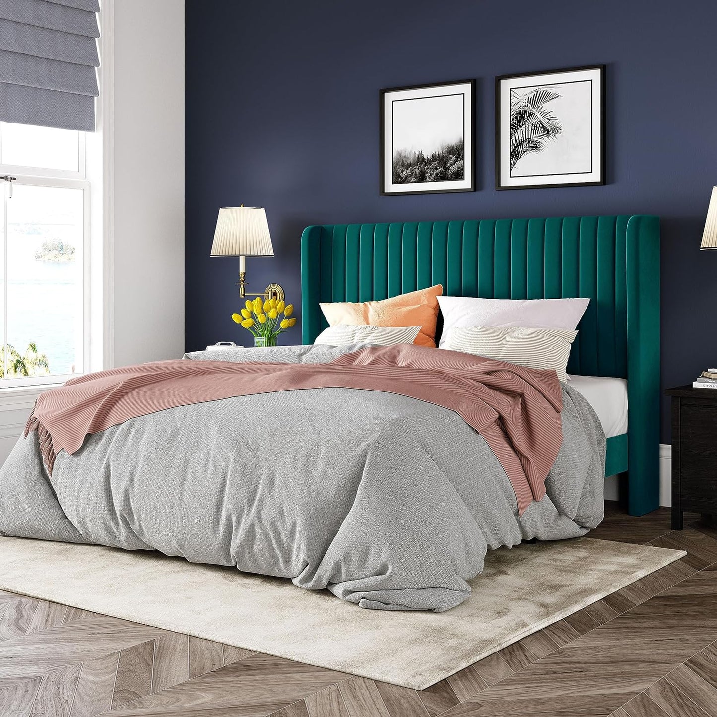 Allewie Queen Size Bed Frame/Velvet Upholstered Platform Bed/Vertical Channel Tufted Wingback Headboard/Strong Wooden Slats/No Box Spring Needed/Easy Assembly/Teal