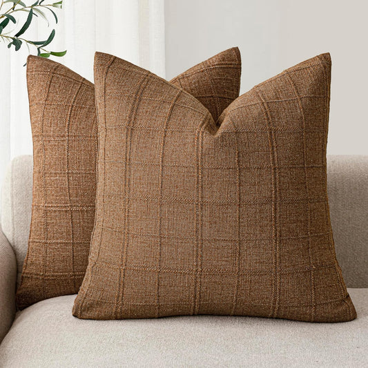 Foindtower Set of 2 Decorative Linen Check Throw Pillow Covers Neutral Farmhouse Vintage Cushion Covers Modern Boho Home Decor for Sofa Chair Couch Bedroom Living Room Outdoor,20×20 Inch,Brown Hazel