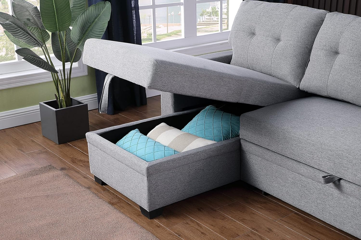Devion Furniture Philly 4-in-1 Convertible L Shaped Couch with Pull Out Bed and Storage, Sectional Sleeper Sofa with Reversible Chaise for Living Room, Apartment, Bedroom, Office