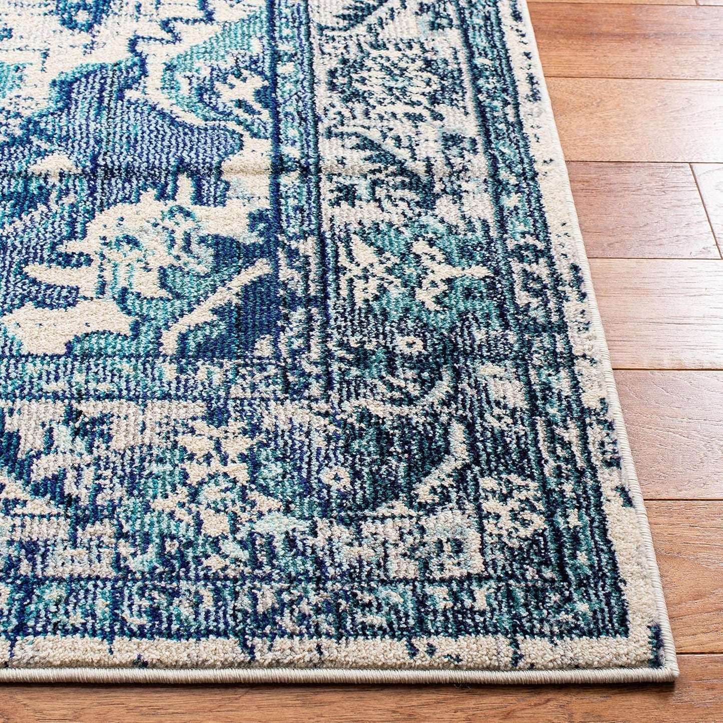 SAFAVIEH Monaco Collection Accent Rug - 4' x 5'7", Ivory & Blue, Boho Medallion Distressed Design, Non-Shedding & Easy Care, Ideal for High Traffic Areas in Entryway, Living Room, Bedroom (MNC243A)