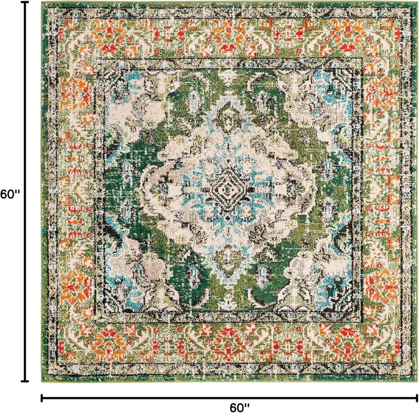 SAFAVIEH Monaco Collection Area Rug - 5' Square, Forest Green & Light Blue, Medallion Distressed Design, Non-Shedding & Easy Care, Ideal for High Traffic Areas in Living Room, Bedroom (MNC243F)