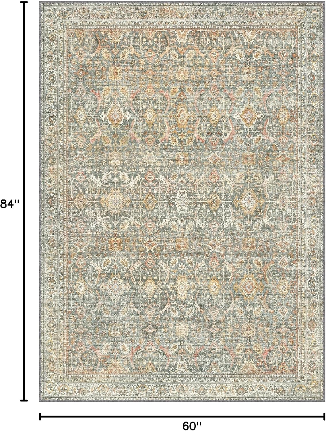 5X7 Area Rugs Machine Washable Rugs for Living Room, Vintage Boho Large Rugs for Bedroom Dining Room, Non Slip Indoor Soft Distressed Lightweight Thin Low Pile Carpet, Turmeric