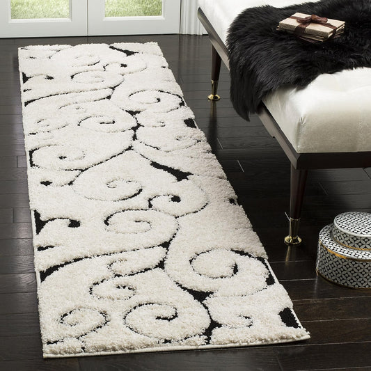 SAFAVIEH Florida Shag Collection Runner Rug - 2'3" x 19', Ivory & Black, Scroll Design, Non-Shedding & Easy Care, 1.2-inch Thick Ideal for High Traffic Areas in Living Room, Bedroom (SG455-1290)