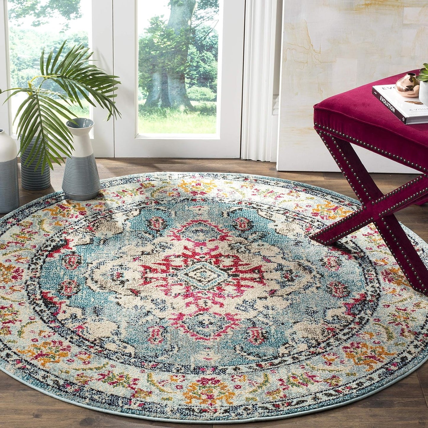 SAFAVIEH Monaco Collection Area Rug - 5' Round, Light Blue & Fuchsia, Boho Chic Medallion Distressed Design, Non-Shedding & Easy Care, Ideal for High Traffic Areas in Living Room, Bedroom (MNC243J)