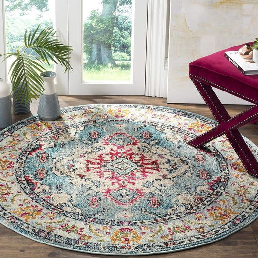 SAFAVIEH Monaco Collection Area Rug - 5' Round, Light Blue & Fuchsia, Boho Chic Medallion Distressed Design, Non-Shedding & Easy Care, Ideal for High Traffic Areas in Living Room, Bedroom (MNC243J)