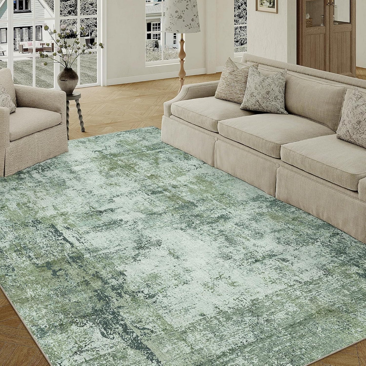 6x9 Washable Area Rug Dark Green Modern Neutral Abstract Living Room Bedroom Indoor Floor Carpet Low Pile Soft Non-Slip Lightweight Vacuumable Throw Rug for Nursery Dining Room Office