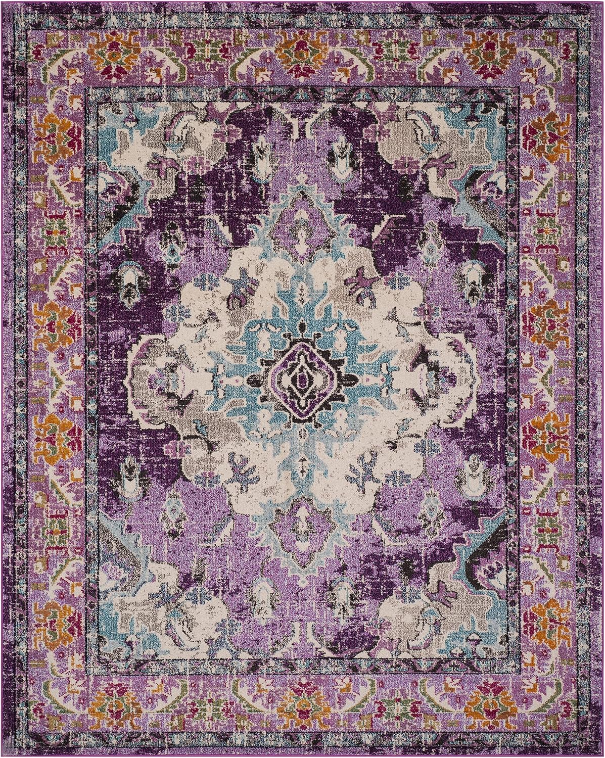 SAFAVIEH Monaco Collection X-Large Area Rug - 11' x 15', Violet & Light Blue, Medallion Distressed Design, Non-Shedding & Easy Care, Ideal for High Traffic Areas in Living Room, Bedroom (MNC243L)