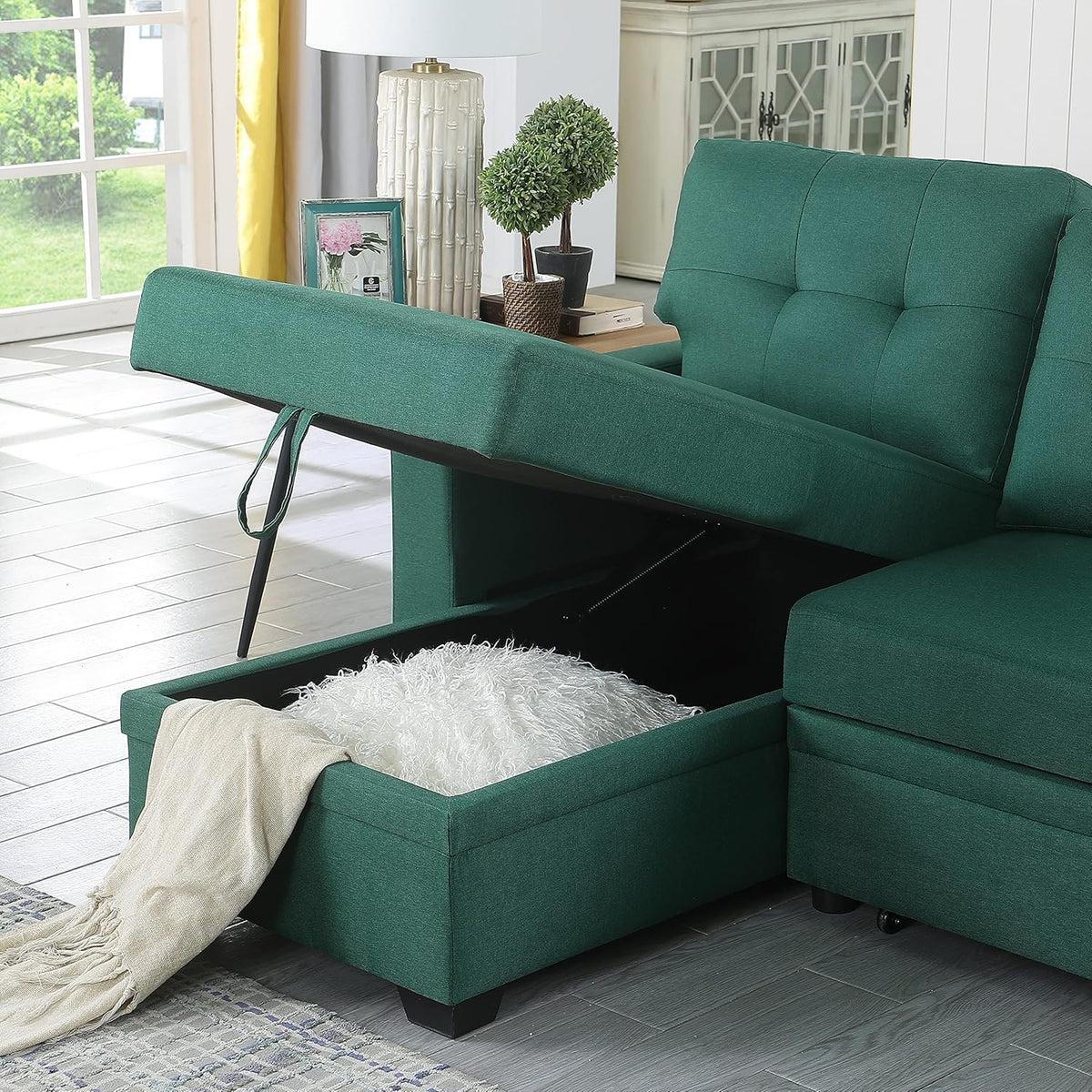 Devion Furniture Meridian 4-in-1 Convertible L Shaped Couch with Pull Out Bed and Storage, Sectional Sleeper Sofa with Reversible Chaise for Living Room, Apartment, Bedroom, Office