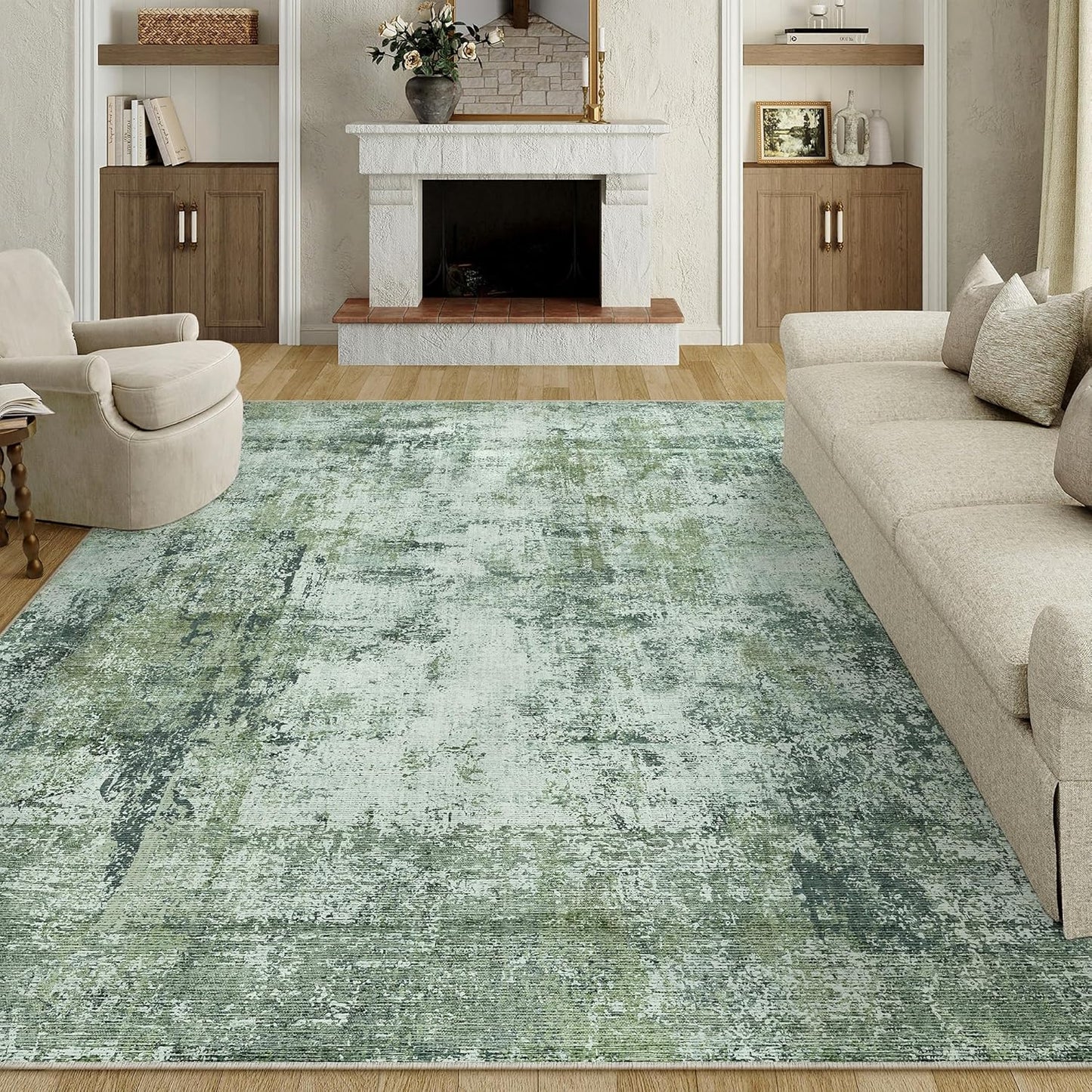 8x10 Washable Area Rug Dark Green Modern Neutral Abstract Living Room Bedroom Indoor Floor Carpet Low Pile Soft Non-Slip Lightweight Vacuumable Large Throw Rug for Nursery Dining Room