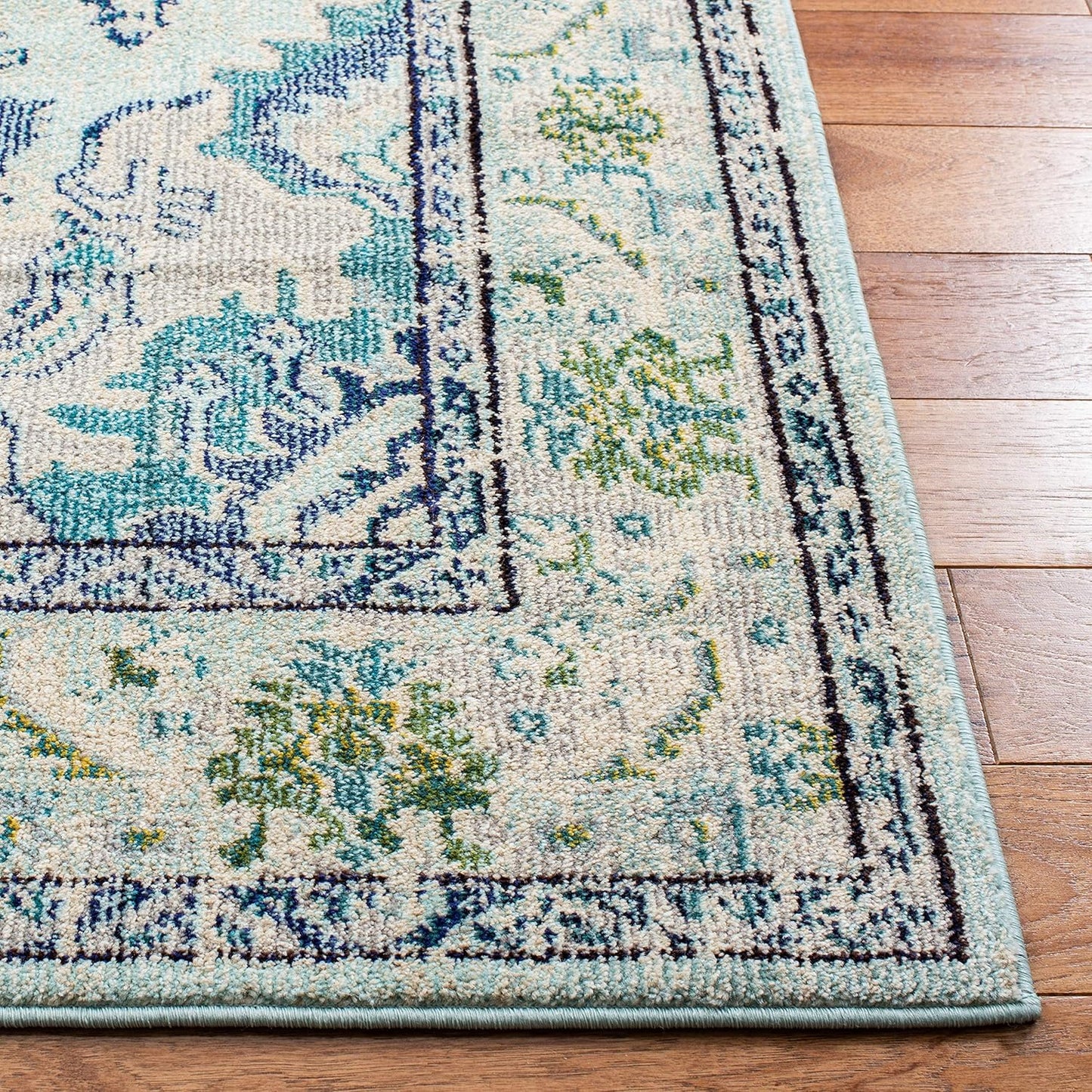 SAFAVIEH Monaco Collection Area Rug - 5'1" x 7'7", Light Blue & Ivory, Boho Chic Medallion Distressed Design, Non-Shedding & Easy Care, Ideal for High Traffic Areas in Living Room, Bedroom (MNC243K)