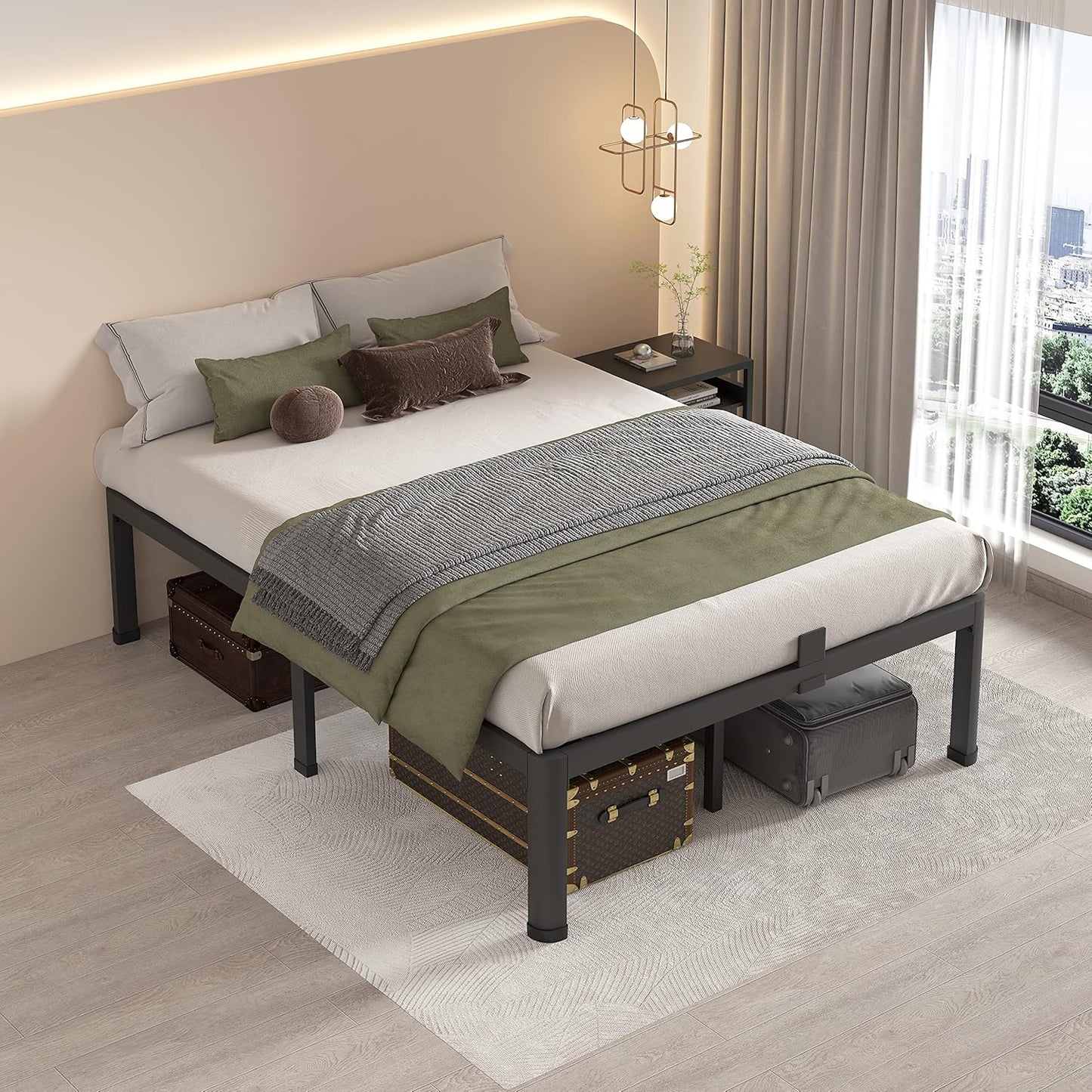 MAF 16 Inch Queen Bed Frames with Round Corner Legs Mattress Slide Stopper No Box Spring Needed Heavy Duty Metal Platform Bed Frame Under-Bed Storage Space, 3000 LBS Steel Slats Support