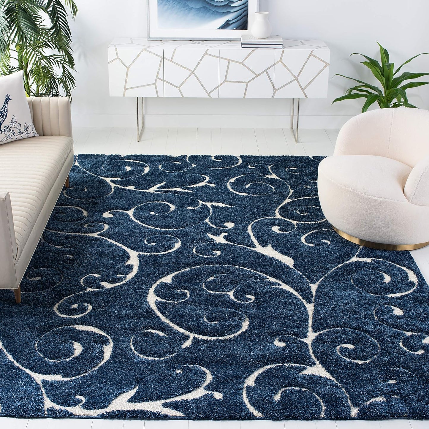 SAFAVIEH Florida Shag Collection Area Rug - 9'6" x 13', Dark Blue & Cream, Scroll Design, Non-Shedding & Easy Care, 1.2-inch Thick Ideal for High Traffic Areas in Living Room, Bedroom (SG455-6511)