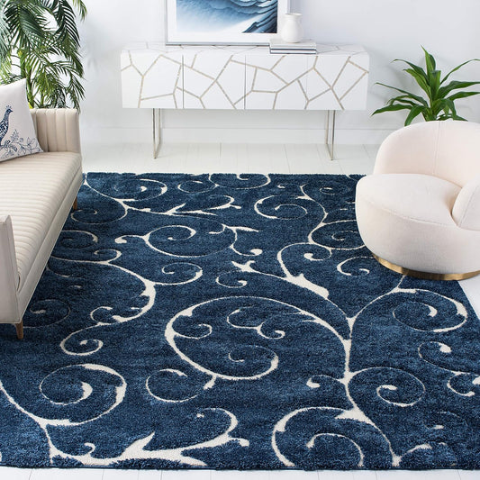 SAFAVIEH Florida Shag Collection X-Large Area Rug - 11' x 15', Dark Blue & Cream, Non-Shedding & Easy Care, 1.2-inch Thick Ideal for High Traffic Areas in Living Room, Bedroom (SG455-6511)