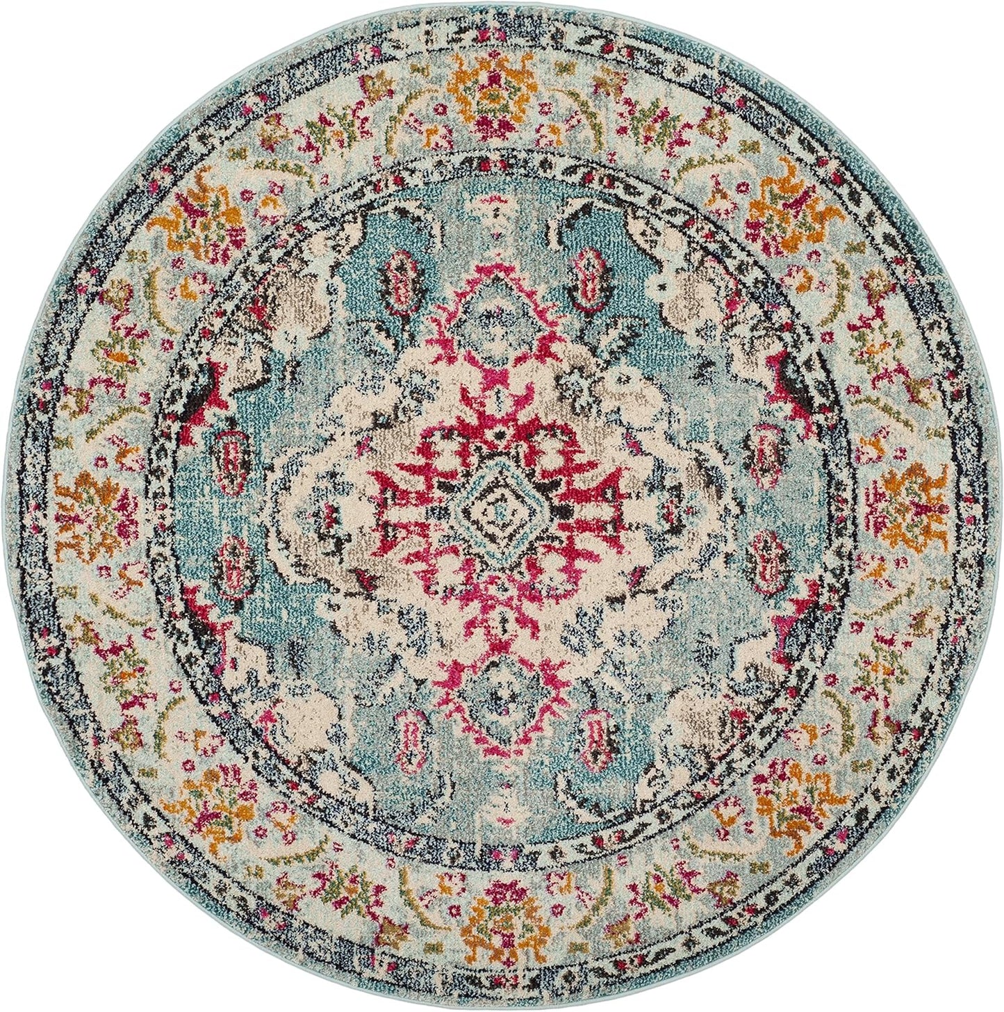 SAFAVIEH Monaco Collection Area Rug - 11' Round, Light Blue & Fuchsia, Boho Chic Medallion Distressed Design, Non-Shedding & Easy Care, Ideal for High Traffic Areas in Living Room, Bedroom (MNC243J)