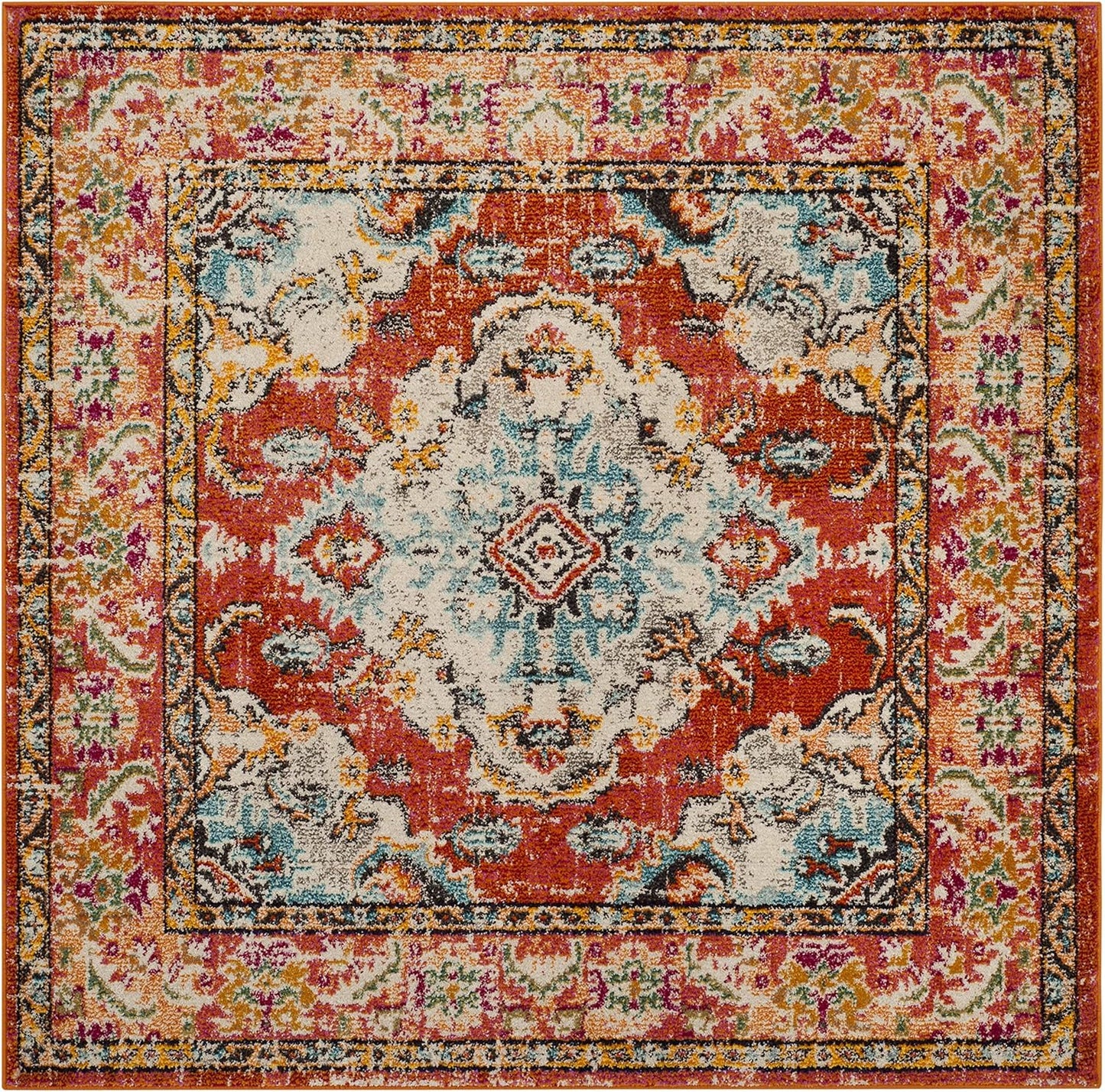 SAFAVIEH Monaco Collection Area Rug - 8' Square, Orange & Light Blue, Boho Chic Medallion Distressed Design, Non-Shedding & Easy Care, Ideal for High Traffic Areas in Living Room, Bedroom (MNC243H)