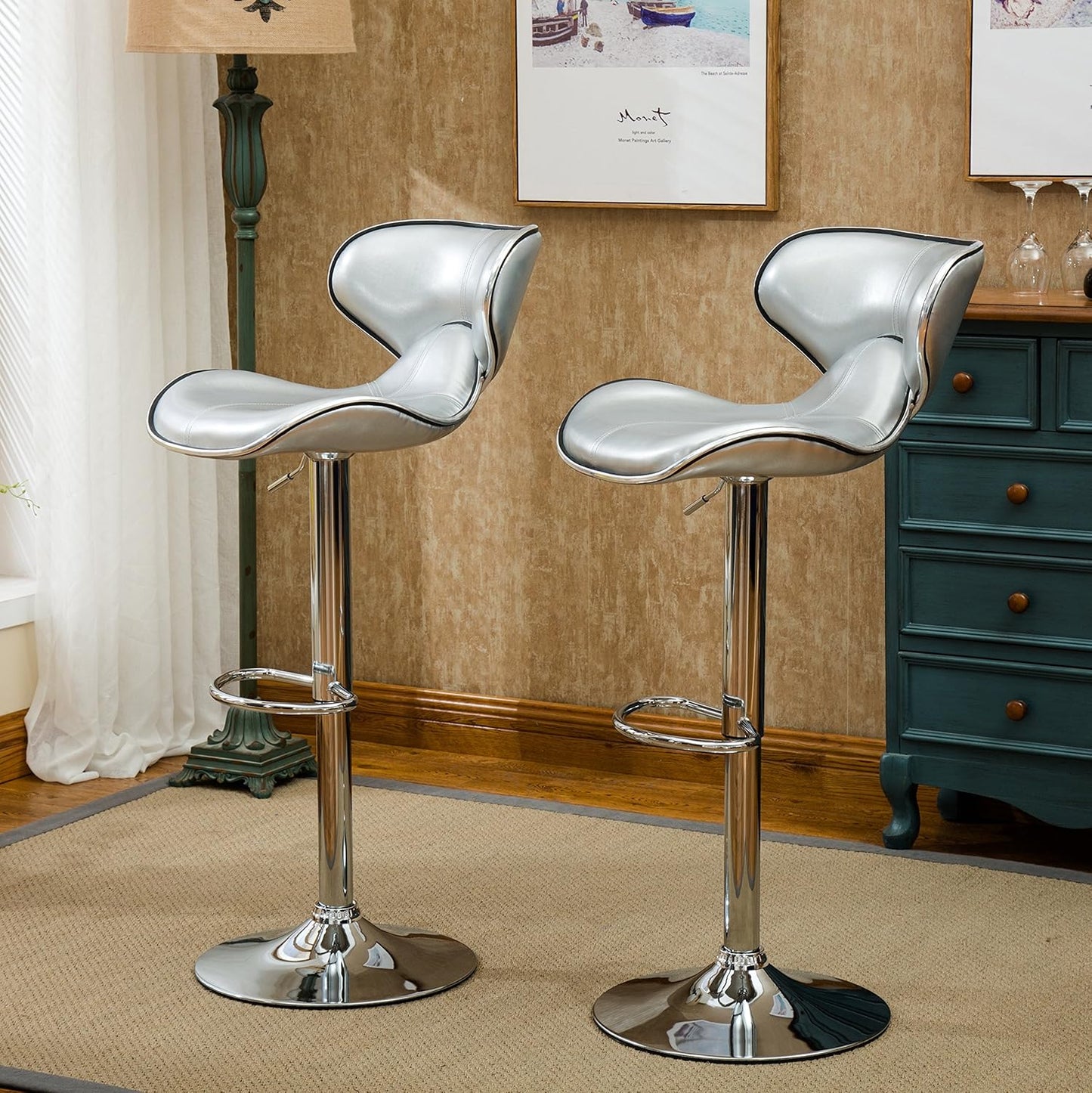Roundhill Furniture Masaccio Cushioned Leatherette Upholstery Airlift Adjustable Swivel Barstool with Chrome Base, Set of 2, Silver