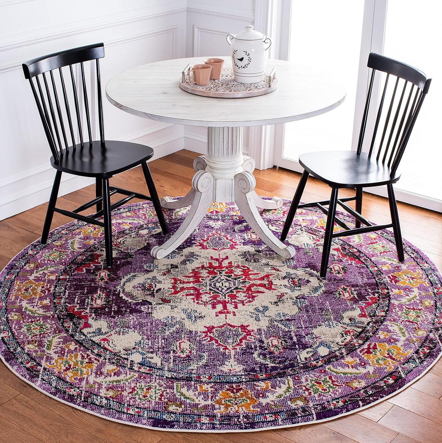 SAFAVIEH Monaco Collection Area Rug - 6'7" Round, Violet & Fuchsia, Boho Chic Medallion Distressed Design, Non-Shedding & Easy Care, Ideal for High Traffic Areas in Living Room, Bedroom (MNC243P)
