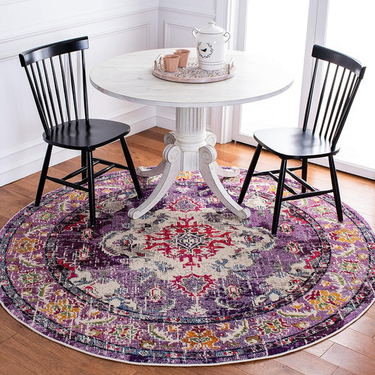 SAFAVIEH Monaco Collection Area Rug - 6'7" Round, Violet & Fuchsia, Boho Chic Medallion Distressed Design, Non-Shedding & Easy Care, Ideal for High Traffic Areas in Living Room, Bedroom (MNC243P)