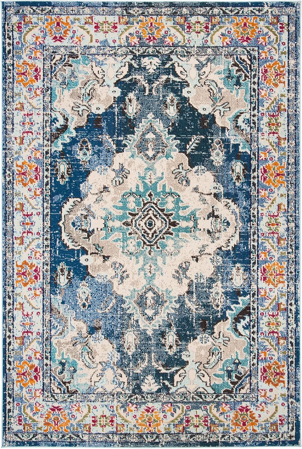 SAFAVIEH Monaco Collection Accent Rug - 4' x 5'7", Navy & Light Blue, Medallion Distressed Design, Non-Shedding & Easy Care, Ideal for High Traffic Areas in Entryway, Living Room, Bedroom (MNC243N)