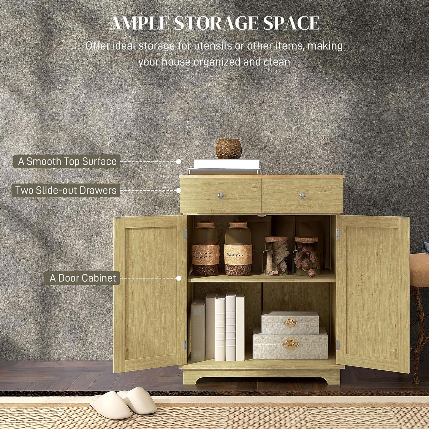 HOMCOM Sideboard with Solid Wood Countertop, Modern Kitchen Storage Cabinet, Coffee Bar Cabinet with 2 Drawers, Doors and Adjustable Shelf, Natural Rattan