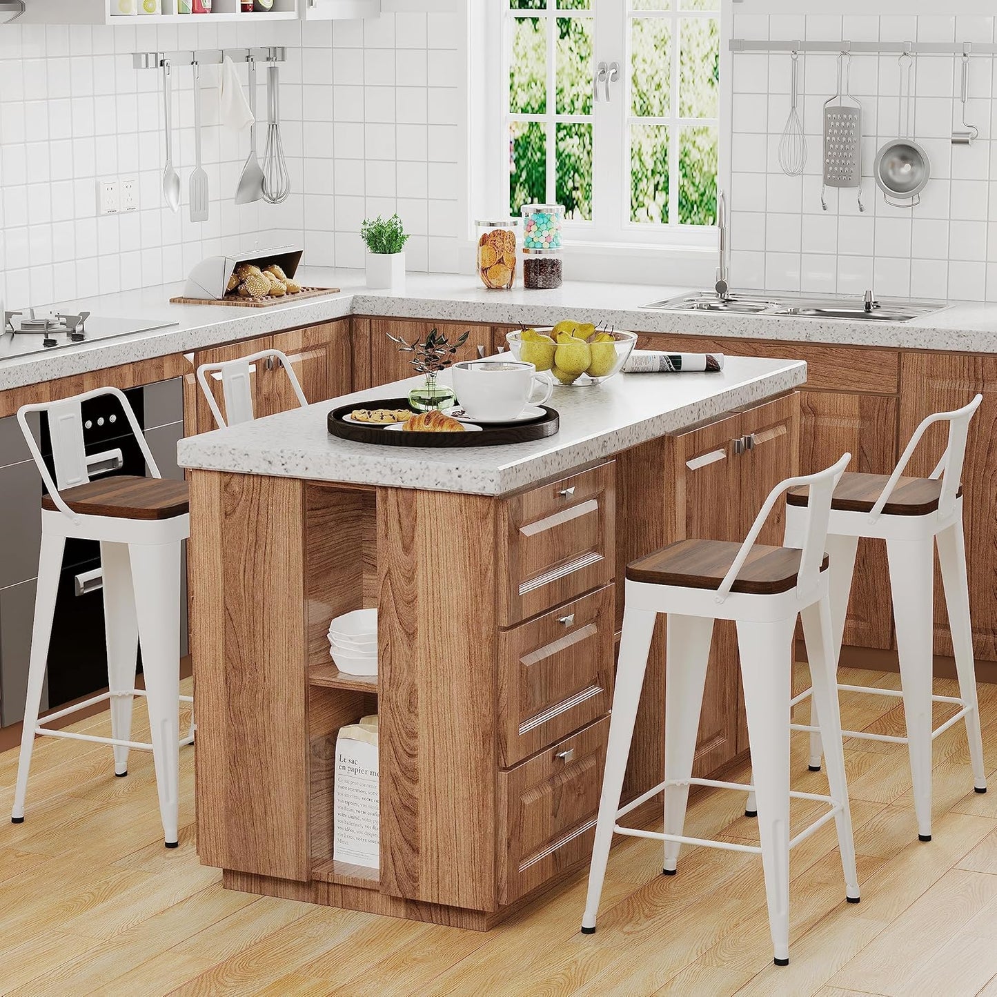 WENTMENT Metal Bar Stools Set of 4 Counter Height Stools Barstools with Removable Back 24" Kitchen Bar Stools with Wooden Seat, White
