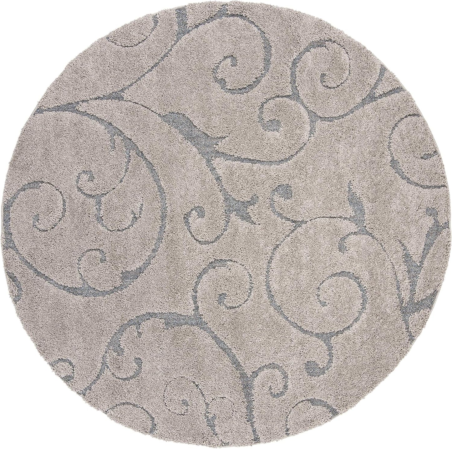 SAFAVIEH Florida Shag Collection Area Rug - 9' Round, Grey & Light Blue, Scroll Design, Non-Shedding & Easy Care, 1.2-inch Thick Ideal for High Traffic Areas in Living Room, Bedroom (SG455-1160)