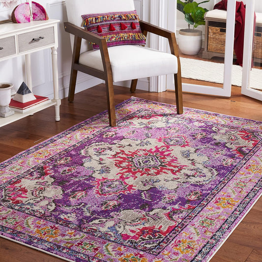 SAFAVIEH Monaco Collection Accent Rug - 3' x 5', Violet & Fuchsia, Medallion Distressed Design, Non-Shedding & Easy Care, Ideal for High Traffic Areas in Entryway, Living Room, Bedroom (MNC243P)