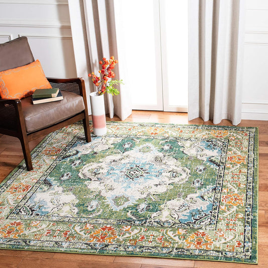 SAFAVIEH Monaco Collection Area Rug - 6'7" Square, Forest Green & Light Blue, Medallion Distressed Design, Non-Shedding & Easy Care, Ideal for High Traffic Areas in Living Room, Bedroom (MNC243F)