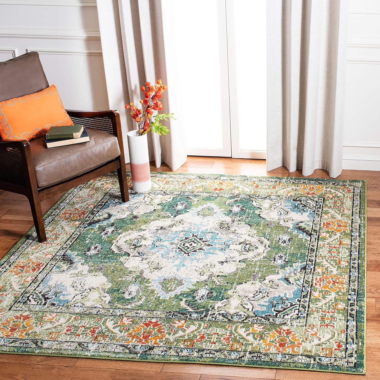 SAFAVIEH Monaco Collection Area Rug - 10' Square, Forest Green & Light Blue, Medallion Distressed Design, Non-Shedding & Easy Care, Ideal for High Traffic Areas in Living Room, Bedroom (MNC243F)