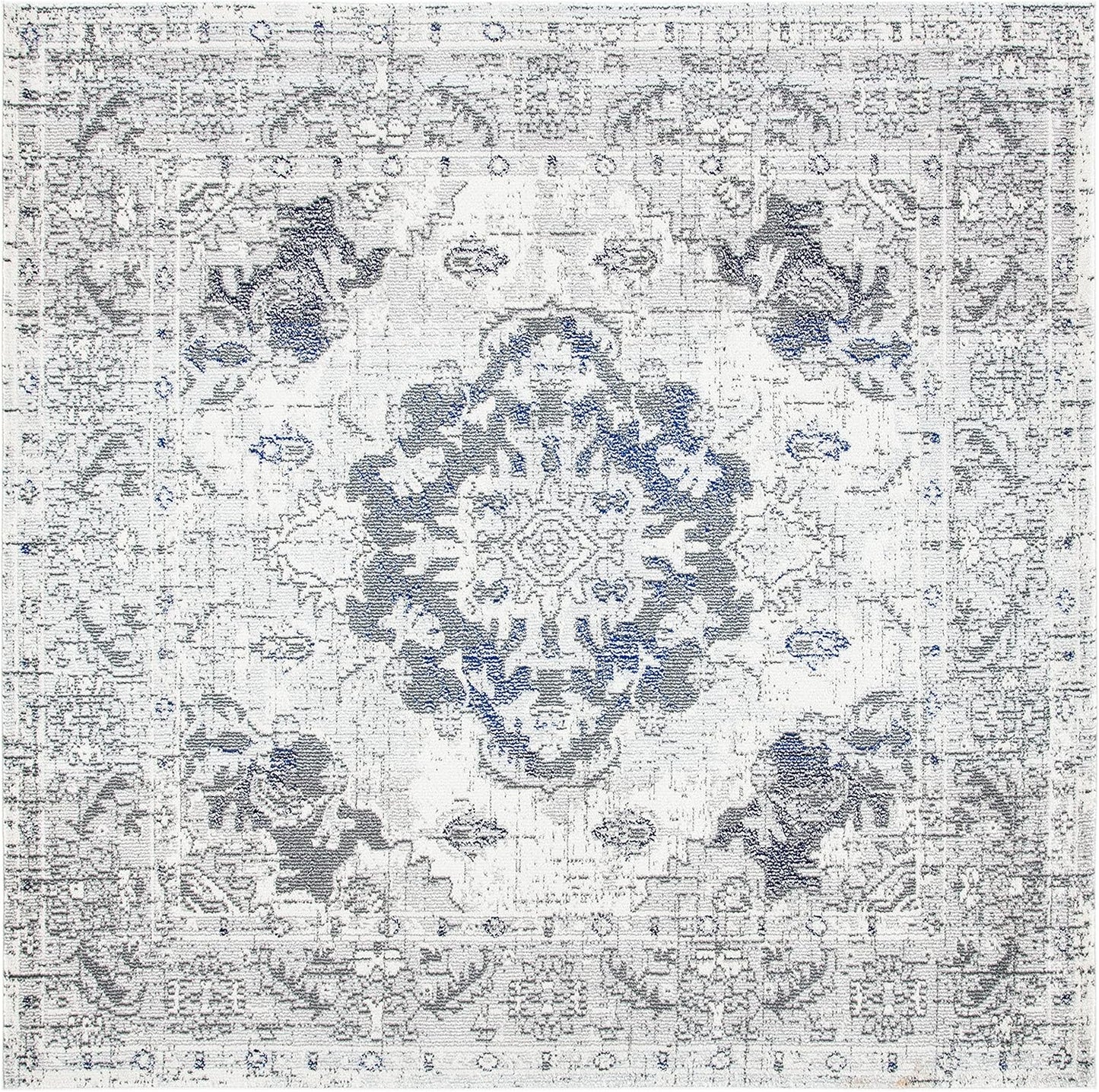 SAFAVIEH Monaco Collection Area Rug - 6'7" Square, Ivory & Grey, Boho Chic Medallion Distressed Design, Non-Shedding & Easy Care, Ideal for High Traffic Areas in Living Room, Bedroom (MNC243B)