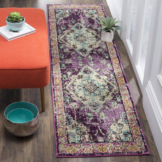 SAFAVIEH Monaco Collection Runner Rug - 2'2" x 12', Violet & Light Blue, Boho Chic Medallion Distressed Design, Non-Shedding & Easy Care, Ideal for High Traffic Areas in Living Room, Bedroom (MNC243L)