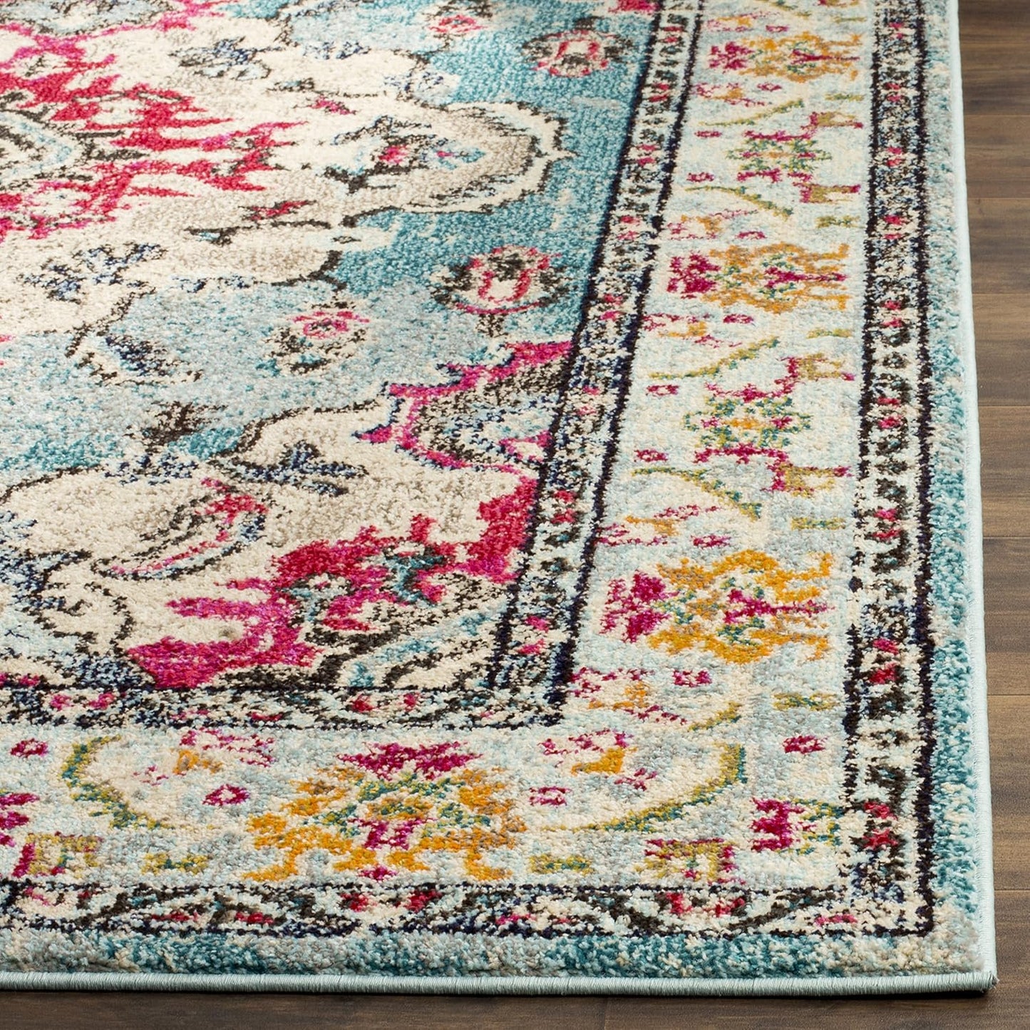 SAFAVIEH Monaco Collection X-Large Area Rug - 11' x 15', Light Blue & Fuchsia, Medallion Distressed Design, Non-Shedding & Easy Care, Ideal for High Traffic Areas in Living Room, Bedroom (MNC243J)
