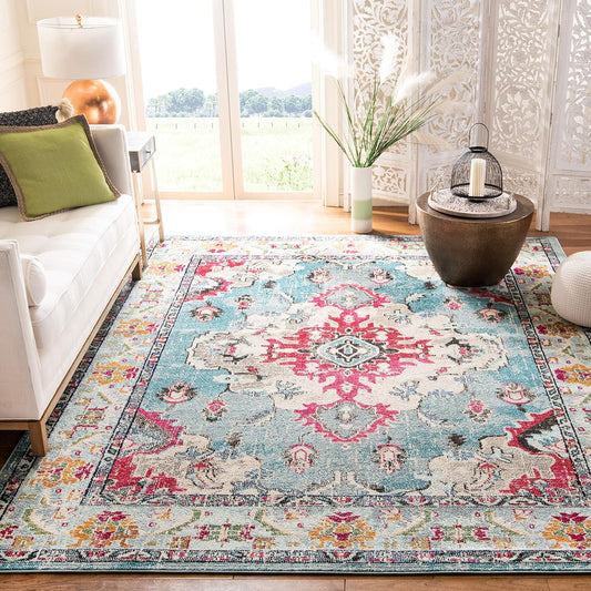 SAFAVIEH Monaco Collection Area Rug - 10' x 14', Light Blue & Fuchsia, Boho Chic Medallion Distressed Design, Non-Shedding & Easy Care, Ideal for High Traffic Areas in Living Room, Bedroom (MNC243J)