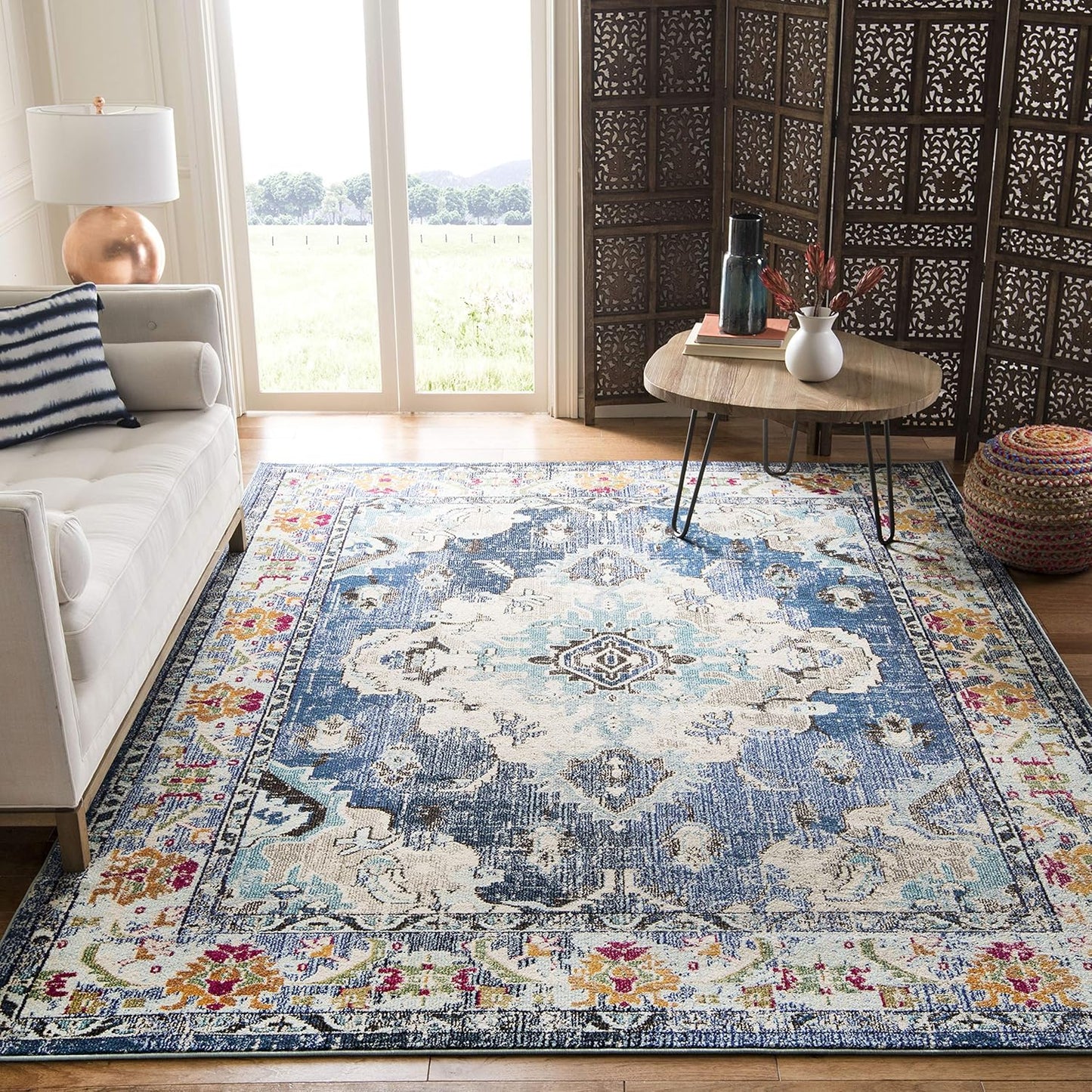 SAFAVIEH Monaco Collection X-Large Area Rug - 11' x 15', Navy & Light Blue, Medallion Distressed Design, Non-Shedding & Easy Care, Ideal for High Traffic Areas in Living Room, Bedroom (MNC243N)